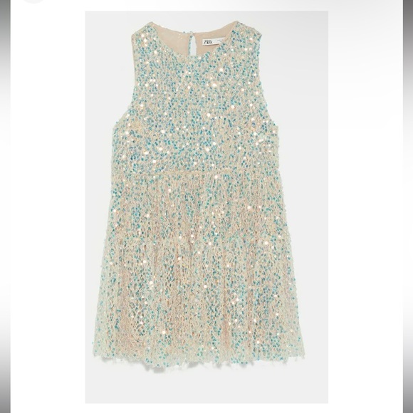 ZARA LIMITED EDITION RUFFLED SEQUIN DRESS IRIDESCENT NUDE - Picture 2 of 3